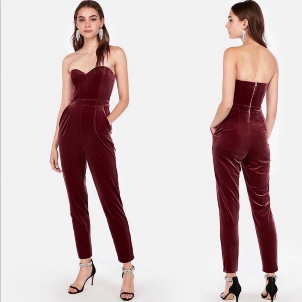 Express velvet strapless sweetheart jumpsuit